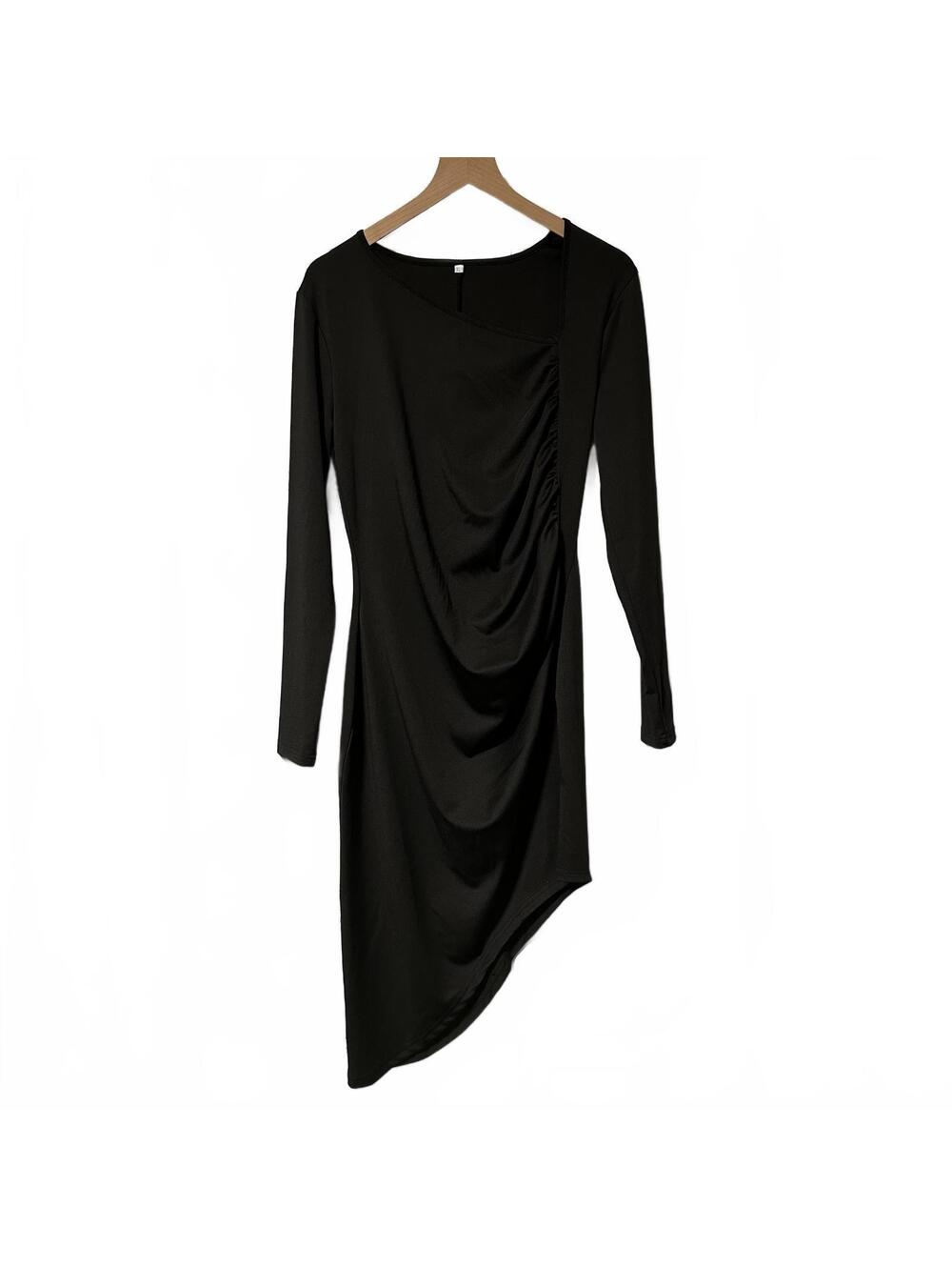 Black Ruched Asymmetrical Long Sleeve Bodycon Midi Dress Size XL